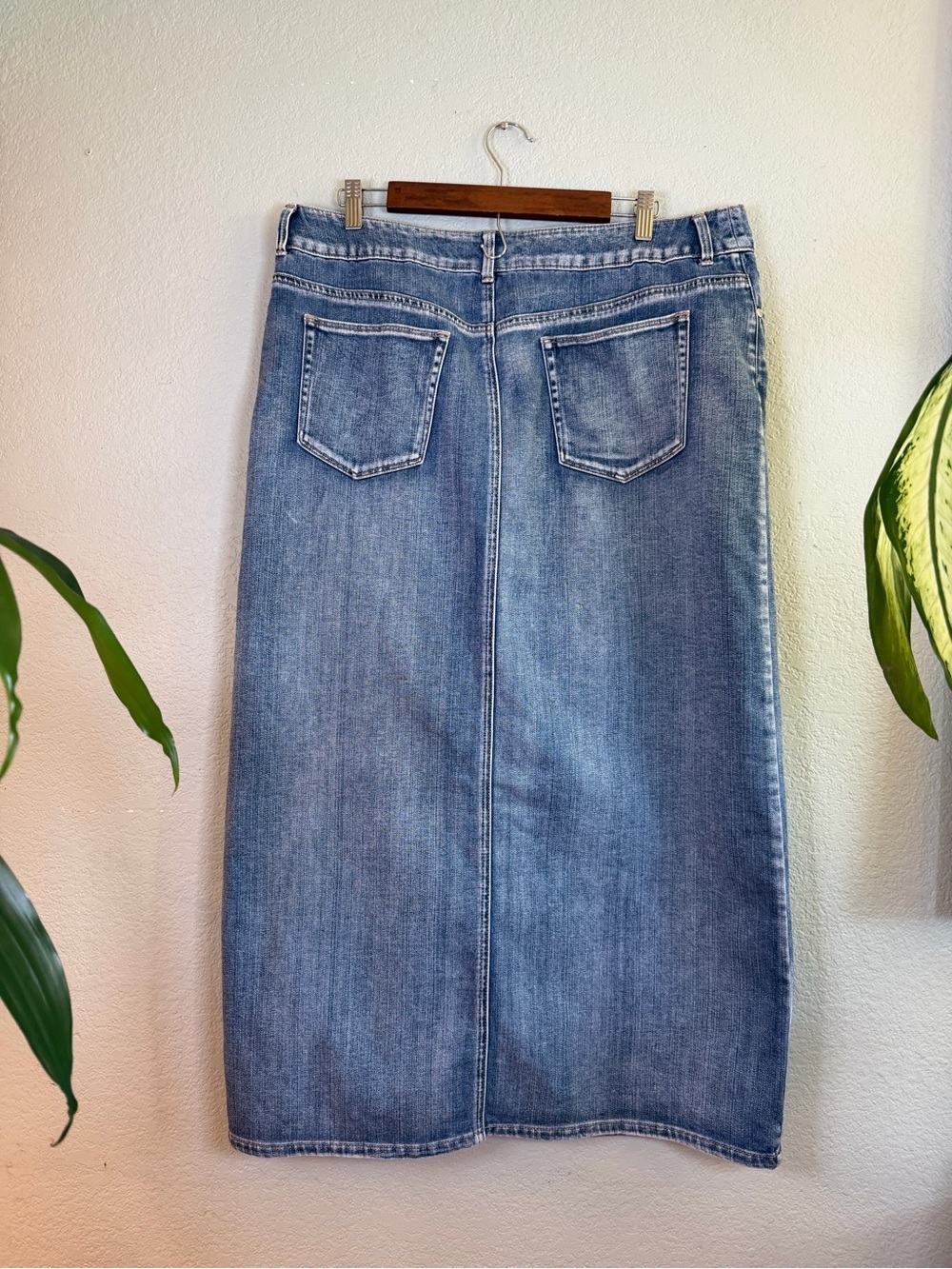 Chico’s Denim Stretch Boho Front Slit 90s Grunge Minimalist CBK Maxi Skirt XL - Picture 4 of 10